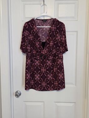 George Burgundy and Pink Patterned V-Neck Tunic with Ring Detail